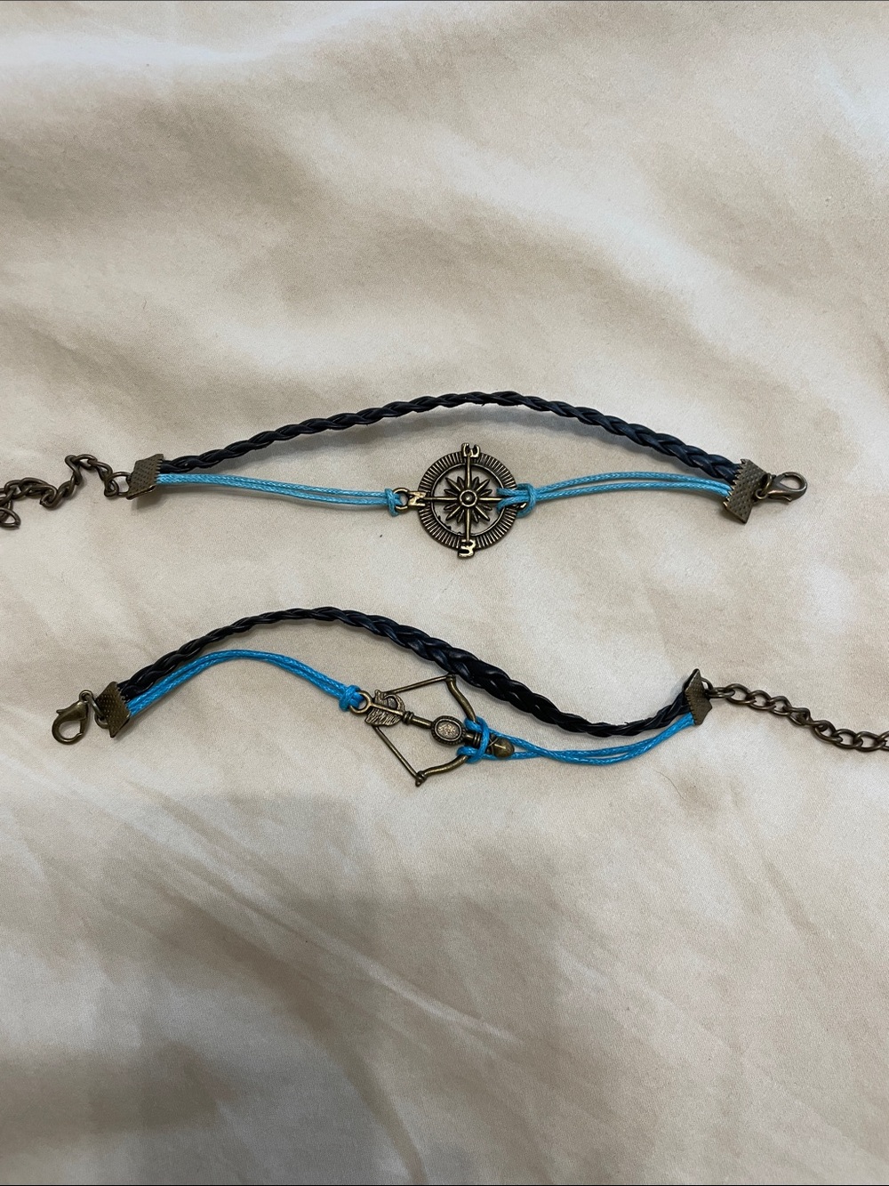 RARE.  Blue and Dark Brown  Compass & Arrow Braided Charm Bracelets